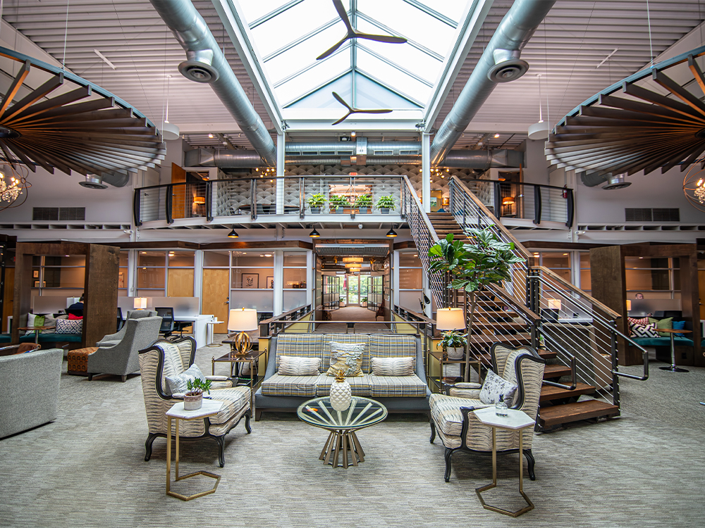 Coworking space with desks and collaboration areas for business teams