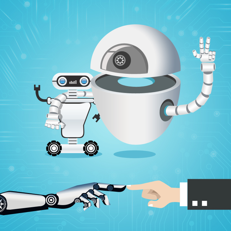 Illustration representing interaction between humans and AI robots